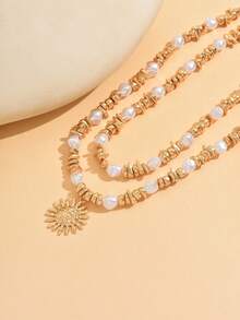 2pcs/Set Vintage Design Asymmetric CCB Faux Pearl Beaded Necklace With Sunburst Pendant, Fashionable Versatile Necklace Jewelry For Women, Suitable For Daily Wear, Shopping, Party, Length Adjustable - Multicolor - View 3
