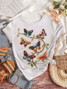Camiseta de manga corta con diseño de corona de mariposas estilo bosque |     Camiseta Blanca de Cuello Redondo y Corte Holgado, Estilo Artístico Retro y Delicado, Diseño de Nicho, Casual, Tela Ligeramente Elástica, Estampado, Estilo Urbano Vintage para Todas las Temporadas, Camiseta Unisex de Algodón de Manga Corta y Cuello Redondo. - Blanco - Ver 4