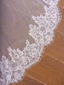 1pc French Lace Trim Short & Long Bridal Veil, Soft Tulle With Hair Comb, Ivory White,Summer,Beach,Wedding - 象牙 - 查看 5