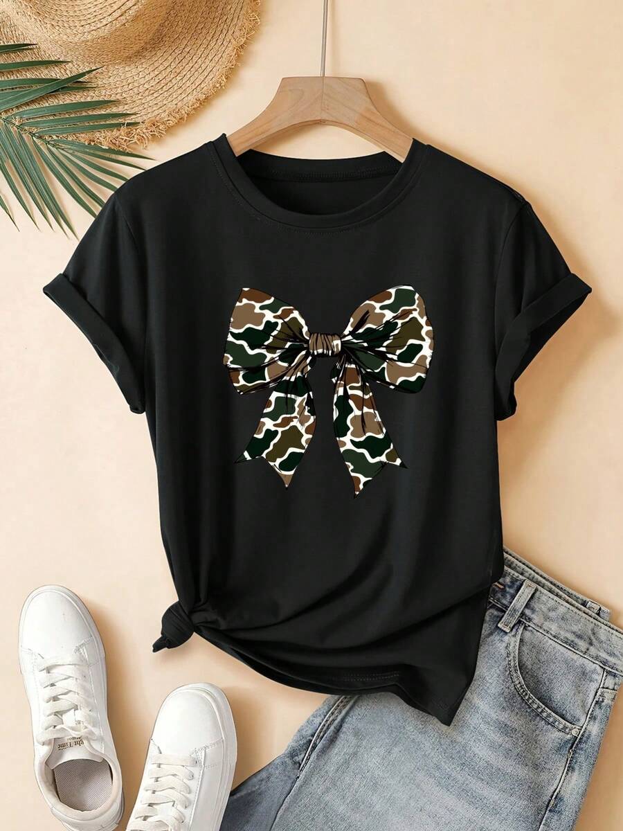 Nueva camiseta de manga corta para mujer con estampado de lazo de camuflaje, top casual a la moda, bonito, elegante y hermoso - Negro - Ver 1