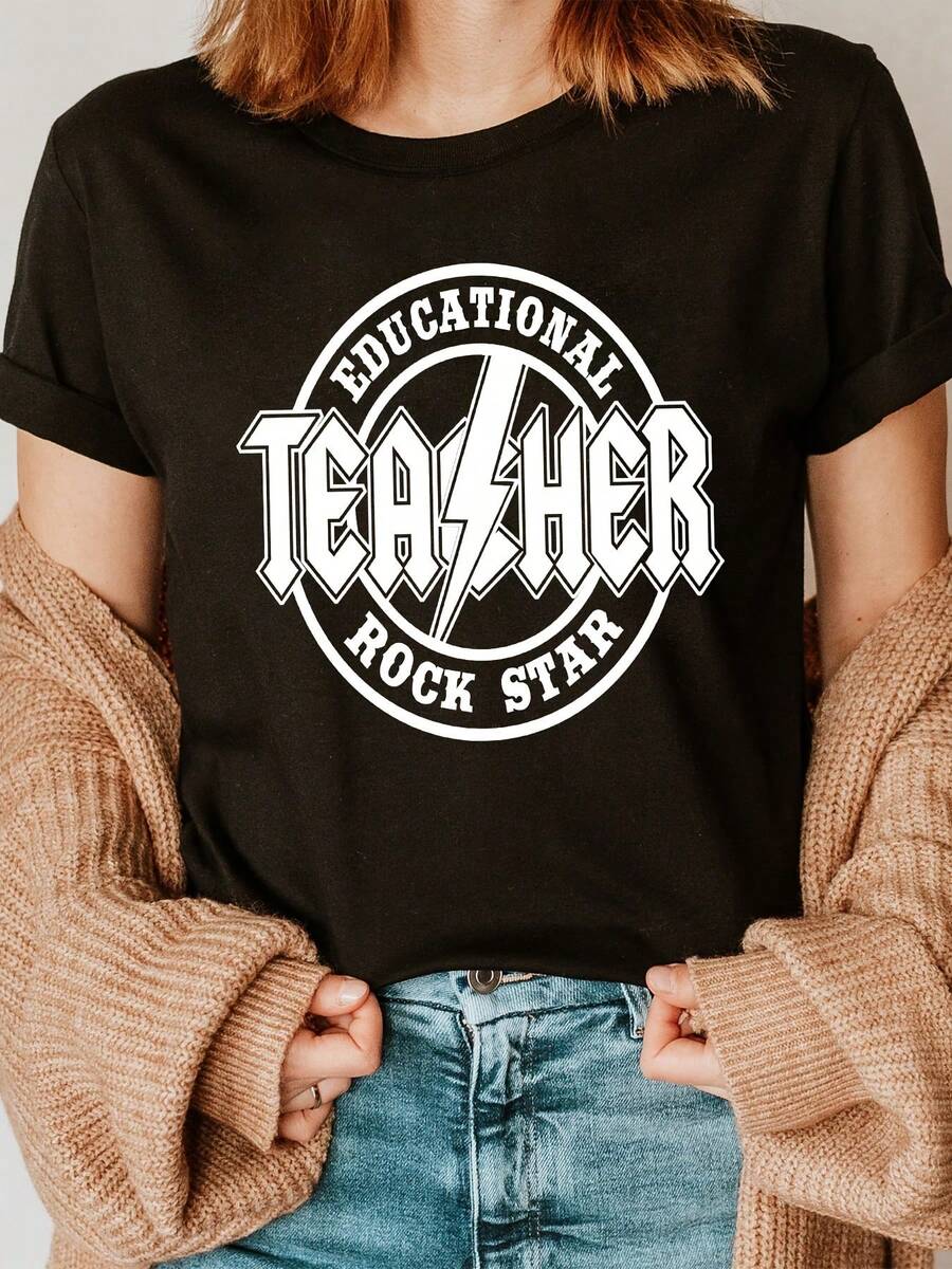 Camiseta casual de manga corta con estampado de letras, perfecta para verano y primavera, diseñada para mujeres que aman los temas educativos y la moda de rock star - Negro - Ver 1