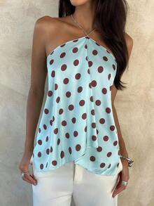 Blusa de mujer elegante con cuello de halter, estampado de tinte anudado y gasa para vacaciones en la playa - verde menta - Ver 6