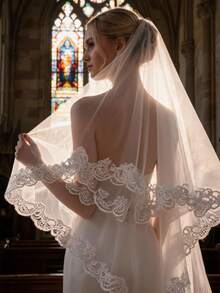 Cathedral Wedding Bridal Veil, 1 Layer, Soft Tulle With Lace And Floral Trim, Vintage Style, For Bridal Veil. - White - View 8
