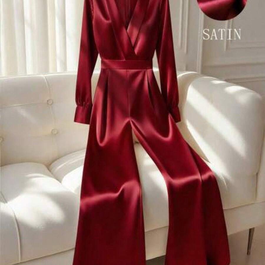 Women's V-Neck Long Sleeve Shiny Fabric Waist Cinched Flared Leg Jumpsuit - Burdeos - Ver 1