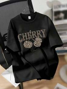 Camiseta de manga corta con cuello redondo y estampado gráfico para mujer, estilo casual minimalista, de corte holgado, de algodón, para verano, unisex, para la vuelta al cole. - Negro 2 - Ver 6