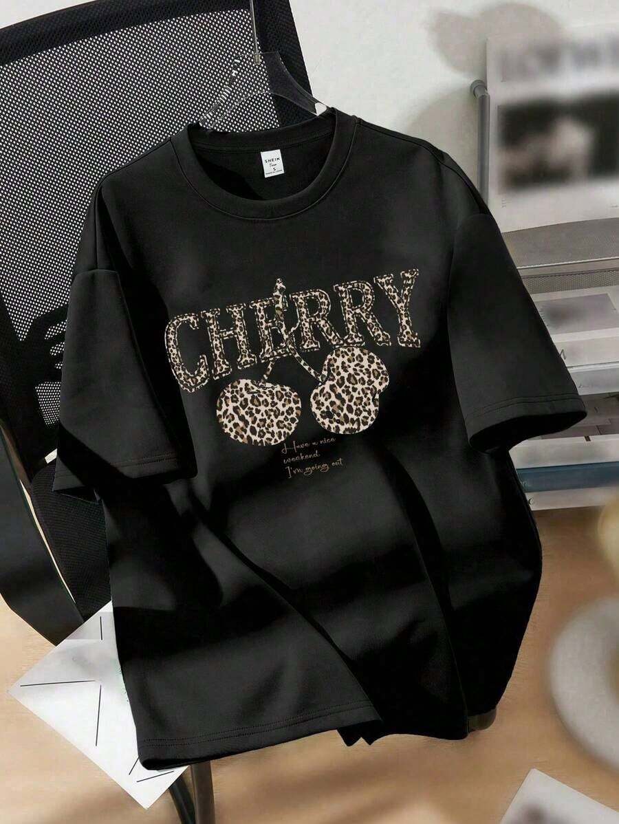Women's Short-Sleeved T-Shirt With Round Neck And Graphic Print, Minimalist Casual Style, Loose Fit, Cotton, For Summer, Unisex, For Back To School. - 黑色3 - 查看 1