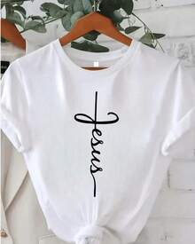 Camiseta casual con estampado, Jesús Cristiana Cristianimos Católica Catolicismo Religió Fé Pray Oración orar rezar nombre Jesus , para mujer ajuste regular manga corta playera cuello redondo, blusas gráficas para mujer ropa de calor mujer  flash oferta - Negro - Ver 1