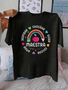 Solt Vintage Playera para mujer estilo educativo estampado arcoíris maestra algodón negro corte holgado cuello redondo manga corta primavera verano casual escuelaFashion  graphic - Negro - Ver 9