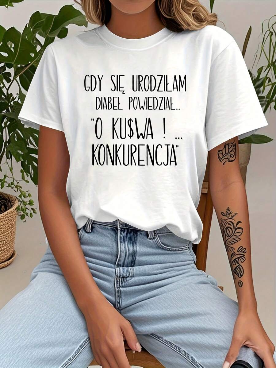 Camiseta de manga corta para mujer con estampado divertido de nacimiento polaco, casual de primavera-otoño, ideal para salidas diarias y para disfrutar de la temporada con humor[COD] - Blanco - Ver 1