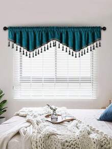 1pc Peacock Blue Curtain, Vintage Chenille V-Shaped Tassel Valance, Suitable For Window And Door Decor - Peacock Blue-v - View 8