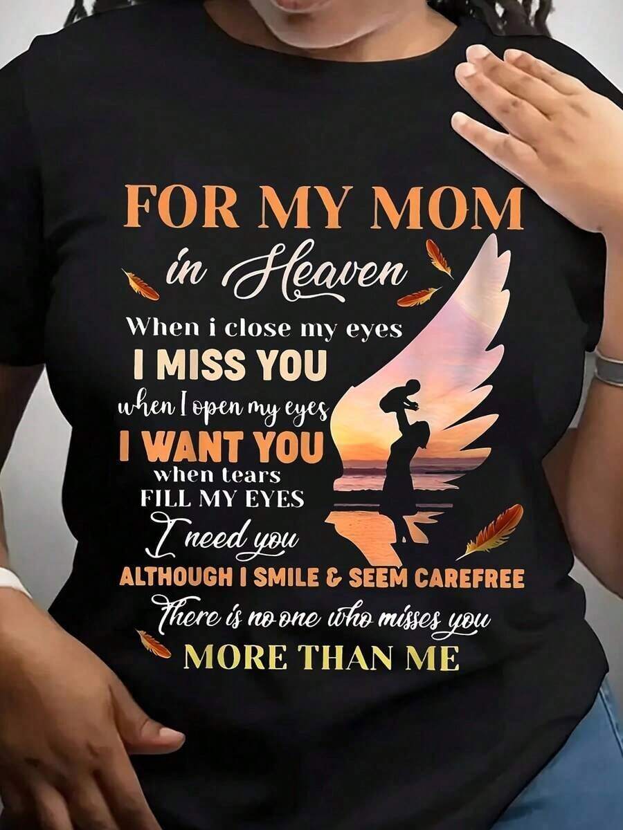 Para mi mamá en el cielo, te extraño cuando cierro los ojos, te quiero cuando las lágrimas llenan mis ojos, te necesito aunque sonría y parezca despreocupada, no hay nadie que te extrañe talla grande que yo.Camiseta conmemorativa para la madre, regalo de recuerdo por la pérdida de la mamá, diseño de alas de ángel.Es una camiseta perfecta para regalar a amigos y familiares en cualquier fiesta u ocasión festiva, 220g - Negro - Ver 1