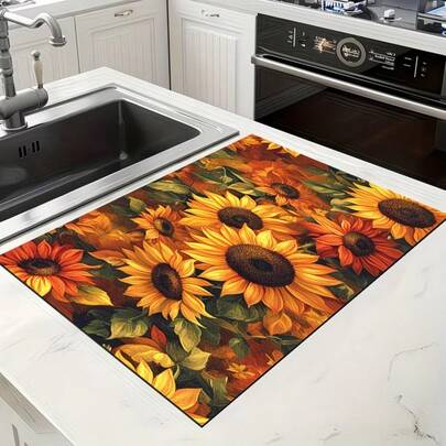 1pc Sunflower Pattern Absorbent Drying Mat, Kitchen Decor Coffee Machine Pad, Beverage Coaster, Bowl Dish Mat, Handmade Coffee Pot Draining Mat, Kitchen Floor Mat, Placemat, Tabletop Mat, Kitchen Counter Bowl Dish Drying Pad, Breakfast Mat, Heat-Resistant Anti-Slip Draining Mat, Diatomite Draining Mat, Hides Stains, Super Absorbent Kitchen Mat, Easy To Clean Dish Rack Mat, Suitable For Kitchen, Dining Table, Cafe, Bar, Holidays, Parties, Home Decor, Holiday Gifts