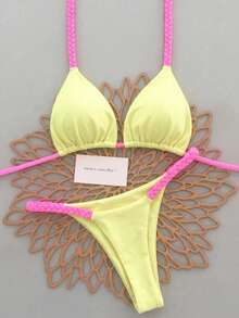 2026 Spring/Summer Women's Fresh Lemon Yellow Knitted Spaghetti Strap Bikini Swimsuit, 2 Pieces Beach Vacation Swimwear - Multicolor - View 2