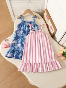 (少女背心洋裝 / 火紅鶴印花 / 條紋)「荷葉邊」 「酷感」 「度假風」 少女酷感無袖荷葉邊洋裝 度假風 2件組 - 彩色 - 查看 2