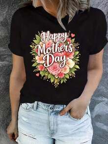 Camiseta de manga corta para mujer "Feliz Día de la Madre" - Estampado floral de corazones en rosa y melocotón, cuello redondo, blusa de manga corta adecuada para todas las estaciones, regalo para mamá o abuela, ajuste casual y cómodo, lavable a máquina. - Negro - Ver 5