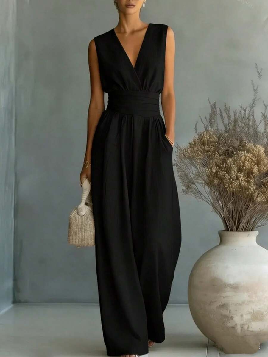 2026 Women Sleeveless Jumpsuit European American Spring Summer New Elegant V Neck Cinched Waist Casual Long Romper For Daily Wear Party - 黑色 - 查看 1