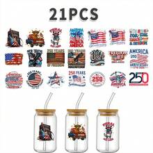 21 Pieces UV DTF Transfer Stickers Cup Wraps Decals Waterproof Transfer Paper For 16oz Glass,   Independence Day Celebration 250 Years Freedom Patriotic Eagle Flag Stars Stripes Liberty Statue Cat Truck Red White Blueberries  Forever United States Of  Semiquincentennial Anniversary 1776 2026 , Perfect For Glass Cups, Mugs, And - A - 查看 9