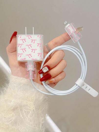 Personalized Pink Bow Pattern Protective Case Compatible With Apple Data Cable, Charger, 13/14/15 Pro Max Phone