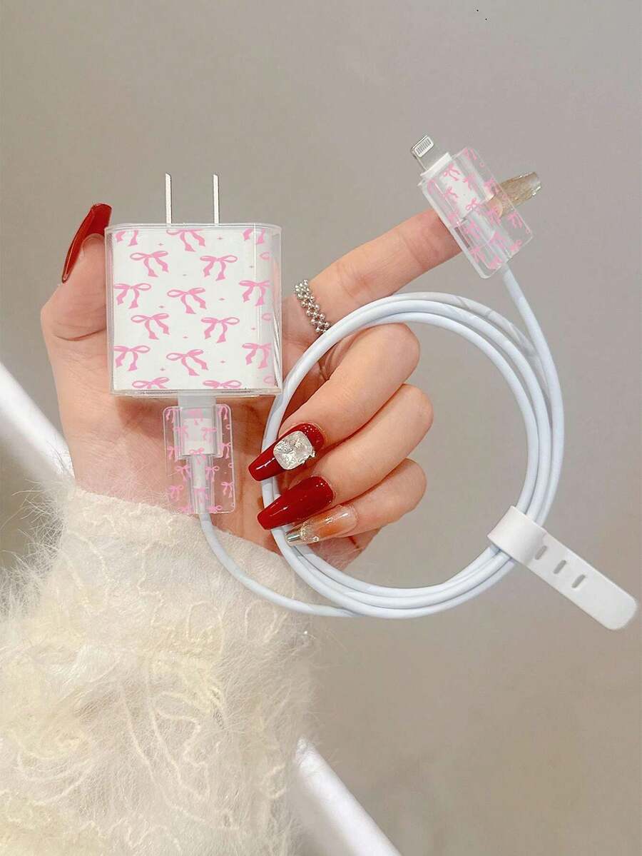 Personalized Pink Bow Pattern Protective Case Compatible With Apple Data Cable, Charger, 13/14/15 Pro Max Phone - Multicolor - View 1
