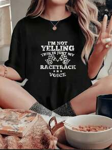 1 Pc Women's Short Sleeve T-Shirt With Racing Print "I Am Not Yelling This Is Just My Racetrack Voice" Fun Design For Women Racing And Motorsports Lovers Modern Casual Style For Daily Wear 180g 100% Cotton - 黑色 - 查看 1