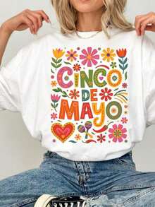 Vintage Cinco De Mayo T-Shirt, Fiesta Graphic Tee, Floral Mexican Fiesta Shirt, Women's Cinco De Mayo T-Shirt. Fashionable Casual Women's Short-Sleeved Crew Neck T-Shirt With Creative Print, Perfect For Spring And Summer. - 白色 - 查看 5