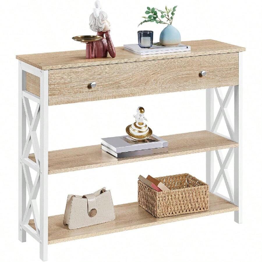 Light Oak Metal Frame Console Table With Storage Drawer 100x29.5x81cm For Living Room Entryway Hallway Bedroom Sofa Side Table - 淺橡木 - 查看 1