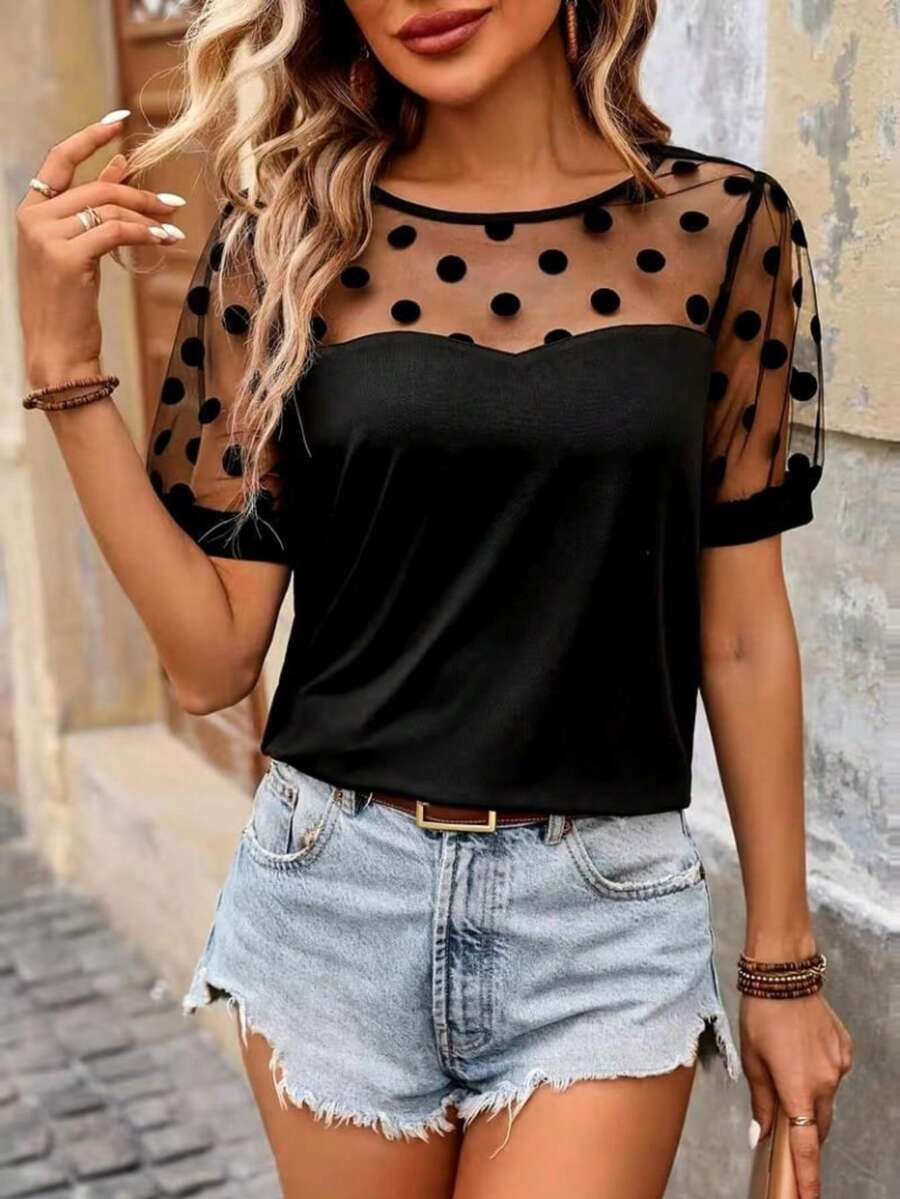 Women's Short-Sleeved Crew Neck Viscose Blouse With Polka Dot Sleeves - Black - View 1