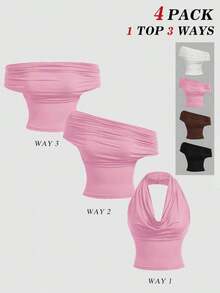 MOD Camiseta de tirantes ajustada de un solo color con 3 formas de usar para mujeres - Rosa coral - Ver 2