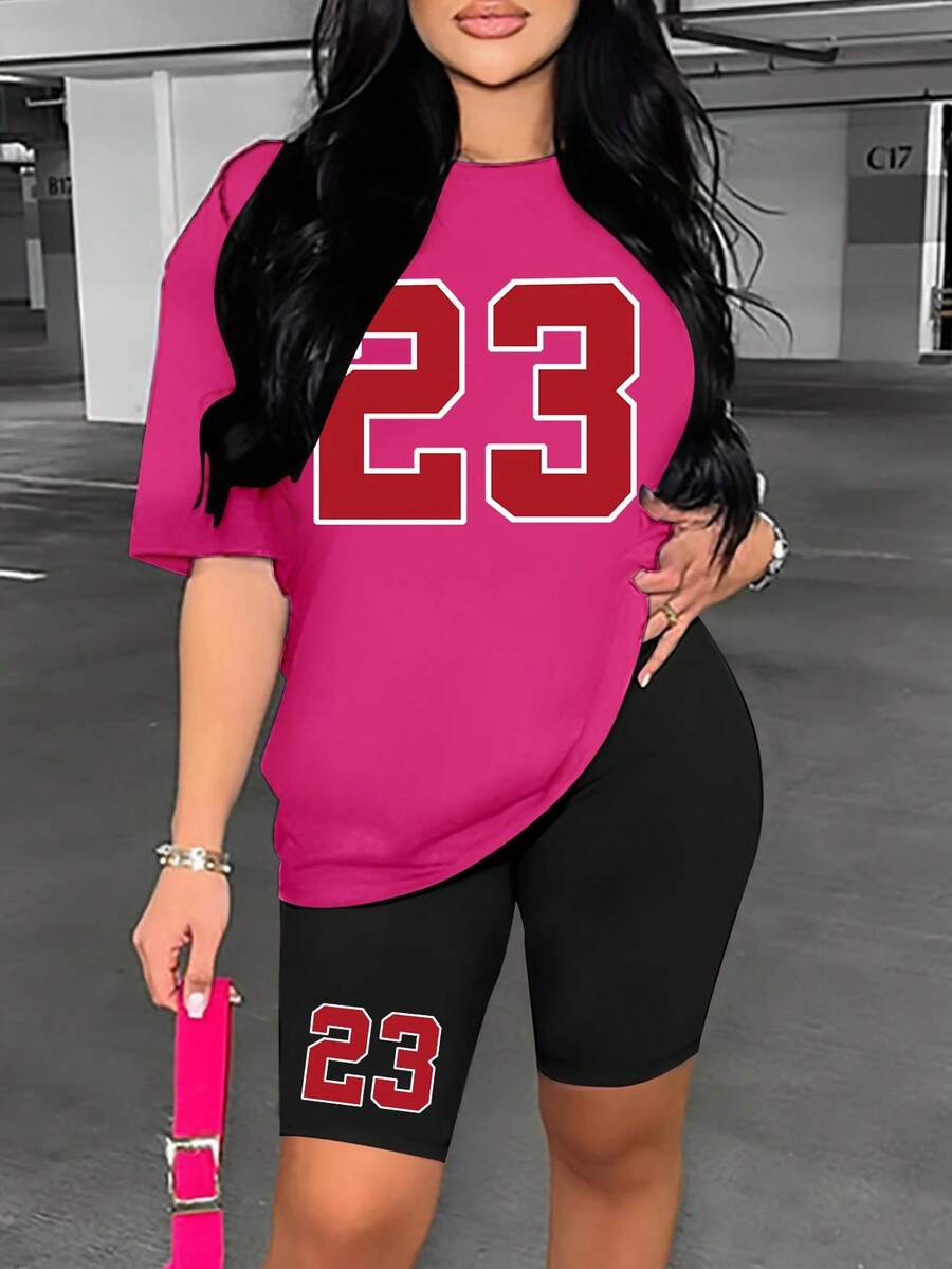 Conjunto de verano con estampado número 23 para mujer, pantalones cortos informales, camisa deportiva, ropa de calle, 2 piezas - Rosa Roja - Ver 1