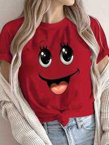 Camiseta roja de mujer con estampado de rostro de dibujos animados traviesos - Diseño con ojos grandes y cejas lindos-Vintage Street Style Unisexoose Cotton Short Sleeve Crew Neck T-Shirt - Rojo - Ver 6