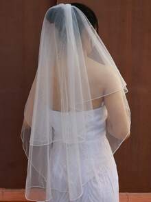 1pc Solid Color New Wedding Accessory, Double-Layer Short Bridal Veil With Metal Hair Comb, Suitable For All Seasons,Summer,Beach - Ivory White - View 8
