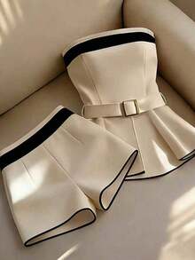 Conjunto de 2 piezas de top bandeau decorado y shorts de moda para mujer - Caqui 2 - Ver 1