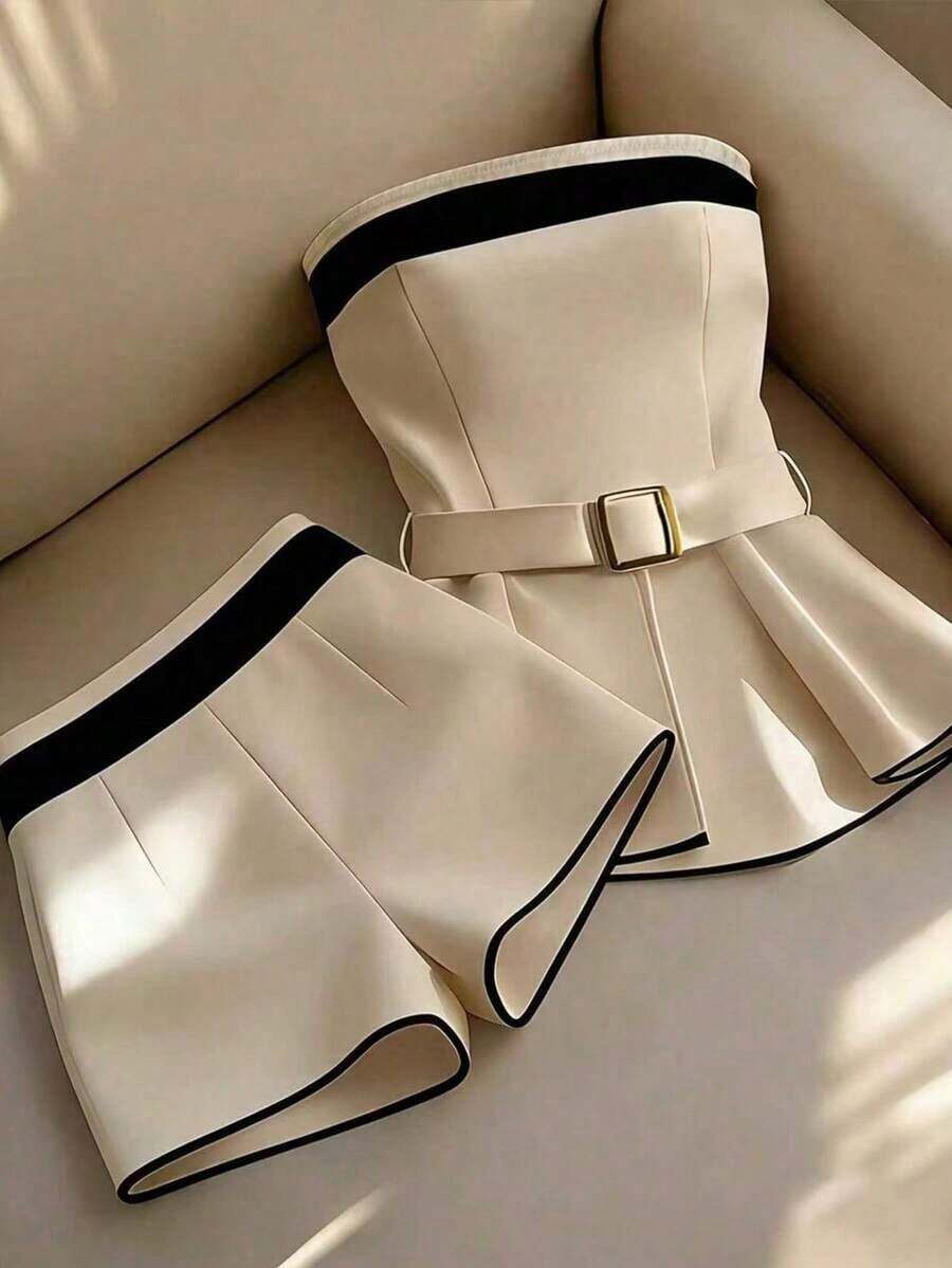 Conjunto de 2 piezas de top bandeau decorado y shorts de moda para mujer - Caqui 2 - Ver 1