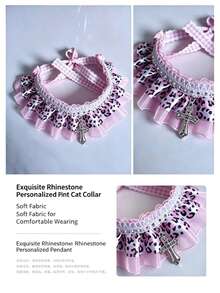Pañuelo para mascotas con estampado de leopardo rosa estilo Y2K Millennium, collar decorativo con colgante de cruz de encaje de perlas para gato y perro pequeño, collar ajustable para gato y perro - Rosa - Ver 4