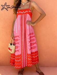 Starfish Shining New Spring/Summer Fashion Casual Elegant Bohemian Style Sleeveless Maxi Dress, Collarless Satin Long Dress, Regular Women's Apparel - Pink - View 6