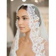 1pc French Lace Trim Short & Long Bridal Veil, Soft Tulle With Hair Comb, Ivory White,Summer,Beach,Wedding - 象牙 - 查看 12