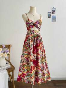 Vestido midi de línea A con tirantes spaghetti, cintura anudada y escote en v para mujer WYWH, estampado tropical en vestido camisero - Multicolor 5 - Ver 6