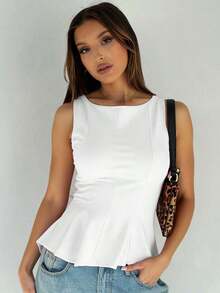 1 pieza Blusa informal de punto de unicolor con volante, rosa de verano - Blanco - Ver 1