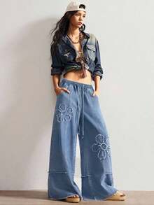 BohoFeels Jeans de pierna ancha de unicolor casual para mujer - Azul lavado medio - Ver 6