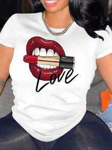 Camia Casual de Manga Corta con Cuello Redondo y Estampado de Letras y Labios para Mujer, Transpirable y Cómoda - Blanco - Ver 5