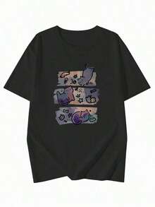 Playera negra para mujer cuello redondo corte holgado estilo japonés, manga corta con lindo estampado de gato caricatura, muy cómoda y versátil para primavera y verano, look juvenil super trendy ideal para uso diario y salidas relajadas. WATQ - Negro - Ver 3