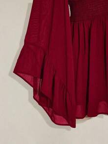 Vestido corto elegante de manga larga con cuello en V y cintura ceñida de unicolor para mujer - Burdeos - Ver 4