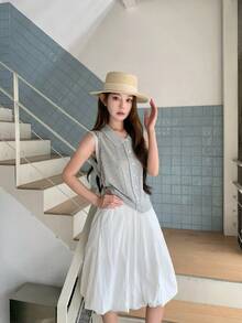 Korean Style Relaxed Fit Loose Casual White Bud Lantern Skirt - White - View 7