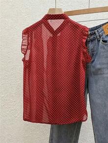 Blusa de mujer de gasa negra con lunares, elegante y romántica con volantes en el bajo - Rojo - Ver 2