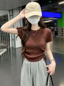 女士休闲纯色侧抽绳短袖针织上衣，夏季 - 棕色 - 查看 3