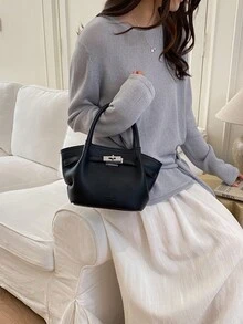 Dedoo 欧美时尚设计搭扣麂皮水桶包，女士秋冬购物、通勤、派对礼品手提包 - 黑色 - 查看 6