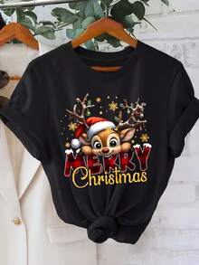 Camiseta Gráfica de Navidad para Mujer con Diseño de Reno Rojo y Feliz Navidad - Camiseta Casual de Manga Corta con Cuello Redondo y Estampado de Renos y Copos de Nieve Y2k - Negro - Ver 10