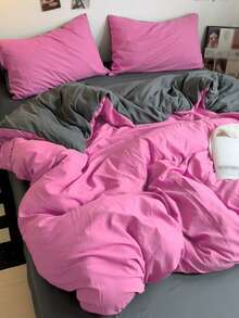 New Solid Color Patchwork Nordic Style Simple Polyester Duvet Cover 3 Pieces Set - Hot Pink - View 1