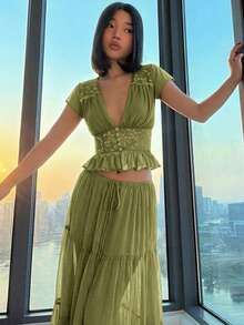 Spring And Summer New V-Neck  Pleated Dress Casual Loose Holiday Dress Two-Piece Set - vàng lục - Xem 3