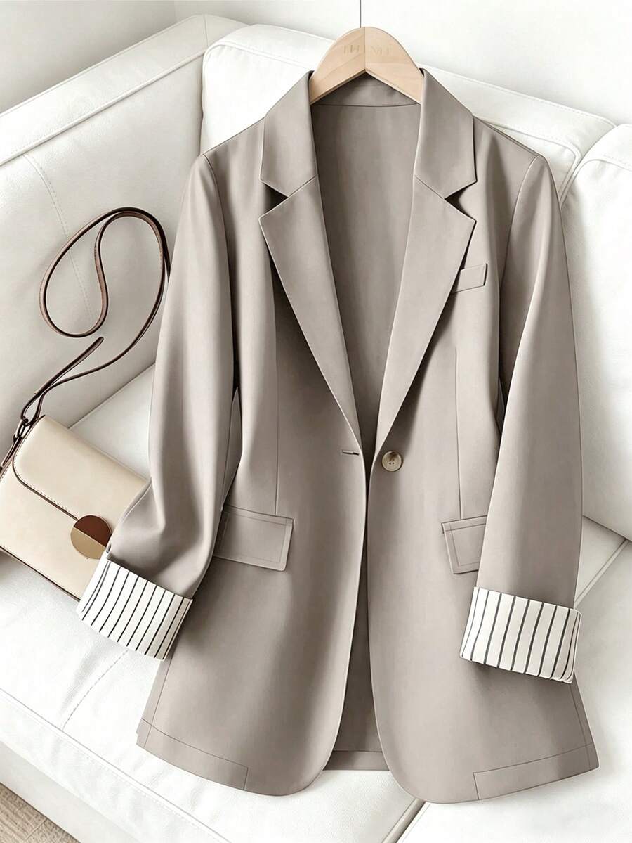 Áo blazer nữ tay lửng kẻ sọc phối nhiều mảnh, một nút, dáng suông, phong cách thường ngày, mùa xuân. - Màu Tím - Xem 1